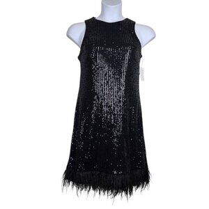 Taylor Womens Sleeveless Black Feather Trim Sequin Mini Dress Size 10 NWT